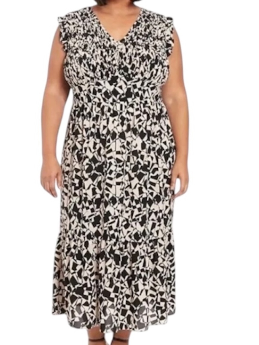 LONDON TIMES Ruffle Sleeve Smocked Tiered Midi Dress Geo Print 20W Boho